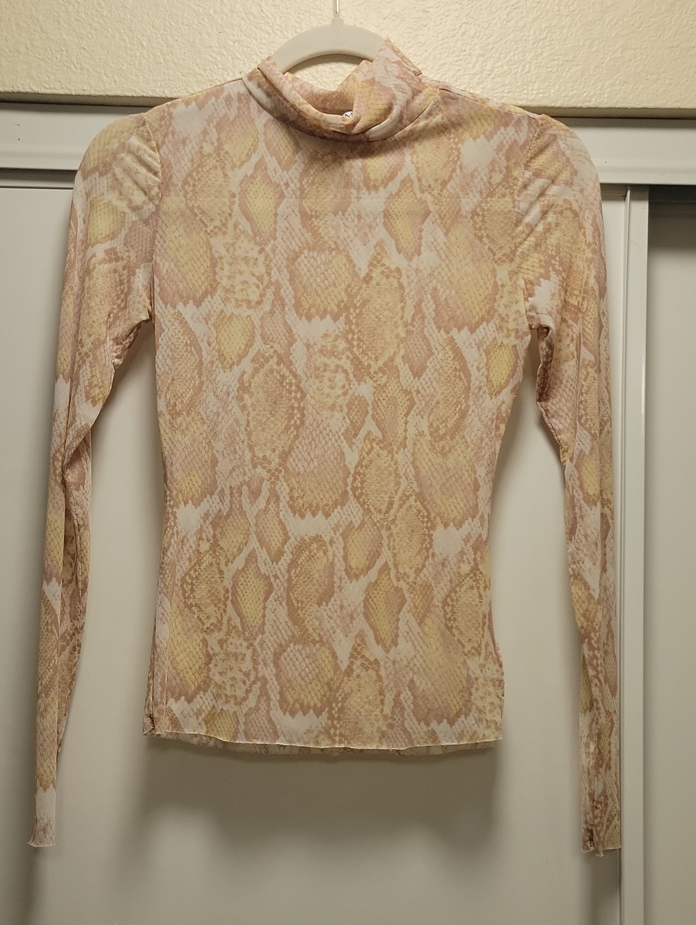 AFRM Sheer Beige Snake-Print Mock Neck Top Xs